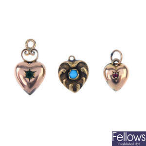 A selection of seven gem-set and paste heart pendants. 
