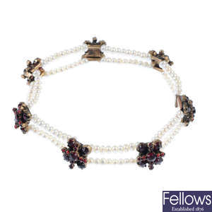 A garnet, red paste and freshwater cultured pearl bracelet. 