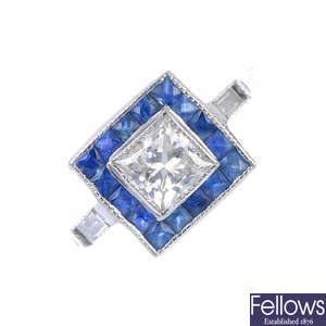 A diamond and sapphire cluster ring. 