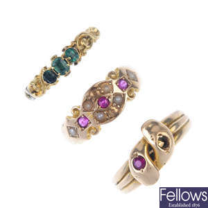 A selection of three late Victorian gold gem-set rings.