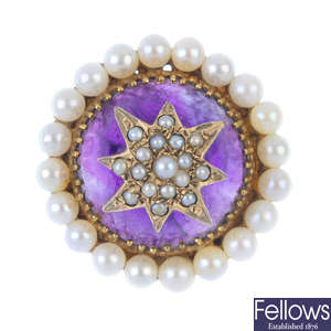 A 9ct gold amethyst, split pearl and cultured pearl dress ring.