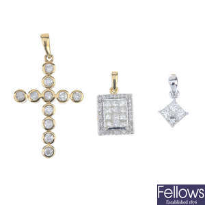A selection of three diamond pendants. 