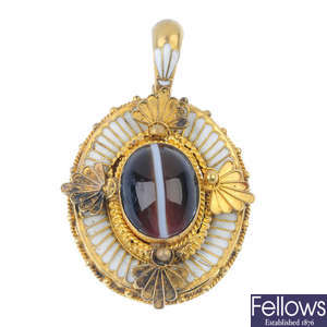 A late 19th century gold agate and enamel pendant. 
