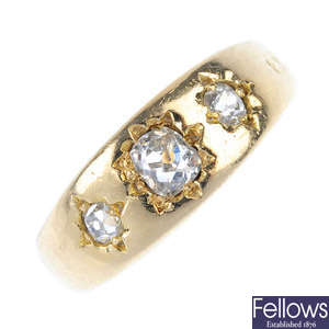 An early 20th century diamond three-stone ring.
