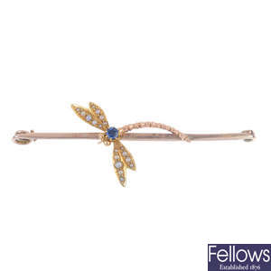 A split pearl and blue-gem dragonfly bar brooch.