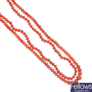 Two coral bead necklaces.