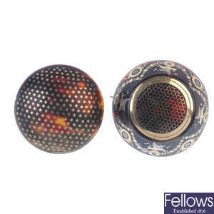 Two late 19th century pique tortoiseshell brooches.