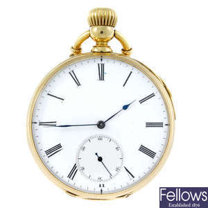 (198909) A yellow metal open face quarter repeater pocket watch.