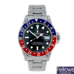 (198909) ROLEX - a gentleman's stainless steel Oyster Perpetual Date GMT-Master bracelet watch.