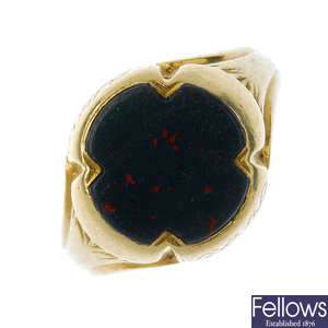 A gentleman's mid 19th century 18ct gold bloodstone signet ring.