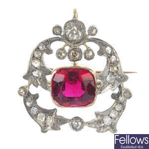 A late 19th century silver and gold, tourmaline and diamond brooch.