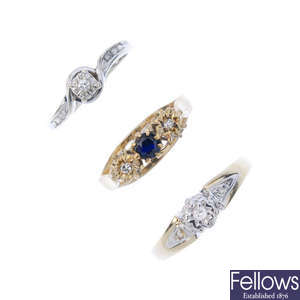A selection of five 9ct gold diamond and gem-set rings.