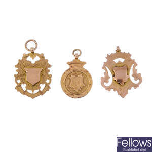 A selection of three early 20th century 9ct gold fobs.