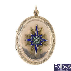 A late 19th century seed pearl and enamel locket. 