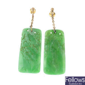 A pair of early 20th century jade ear pendants. 