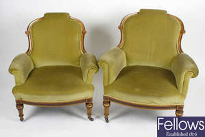 A pair of late Victorian inlaid fruitwood armchairs