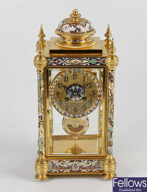 A good French lacquered brass and champleve enamel four-glass mantel clock, c.1900