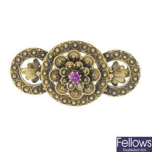 A late 19th century 15ct gold sapphire brooch.