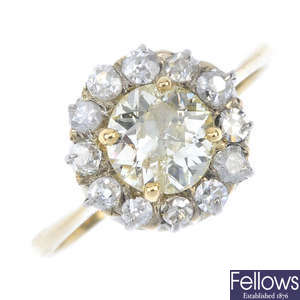 A diamond and 'yellow' diamond cluster ring.