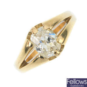 A gentleman's mid 20th century 18ct gold diamond single-stone ring.