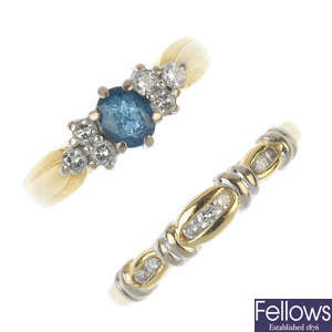 Two 18ct gold diamond and gem-set dress rings.