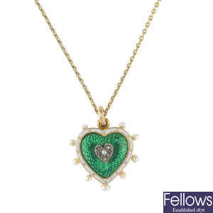 An  early 20th century diamond, seed pearl and enamel heart pendant