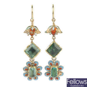 A pair of emerald and enamel ear pendants. 