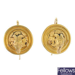 A pair of mid 19th century 18ct gold Etruscan revival earrings, circa 1860. 