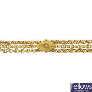 A late 19th century 15ct gold slider fob chain.
