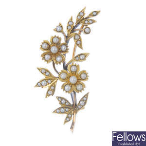 An early 20th century gold, split and seed pearl floral brooch.
