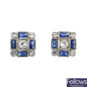 A pair of diamond and sapphire ear studs.