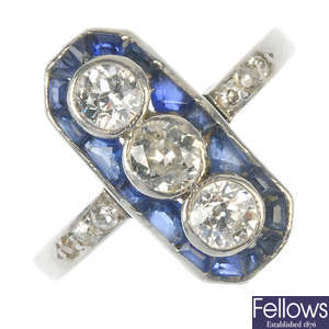 A 1920s Art Deco diamond and sapphire ring.