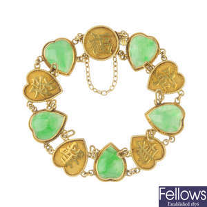 An early 20th century Chinese gold jade hearts bracelet.
