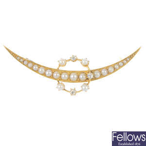 An early 20th century 18ct gold diamond and split pearl crescent brooch. 