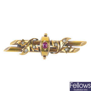 A late 19th century 15ct gold ruby and diamond brooch.