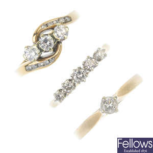 A selection of three 9ct gold diamond rings.