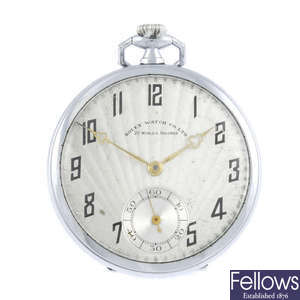 A stainless steel open face pocket watch by Rolex.