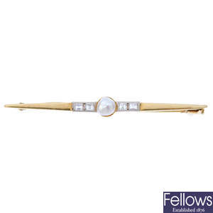 A cultured pearl and diamond bar brooch.