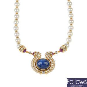 A sapphire, diamond, ruby and cultured pearl necklace. 