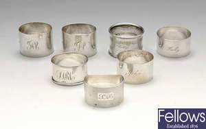 A selection of seven various George V and later silver napkin rings. 