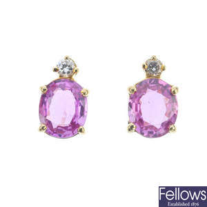 A pair of sapphire and diamond ear studs. 