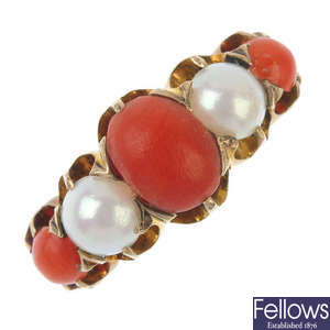 A coral and split pearl ring.