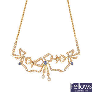 An early 20th century 18ct gold sapphire and split pearl necklace.