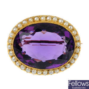 A late 19th century 15ct gold amethyst and split pearl brooch.