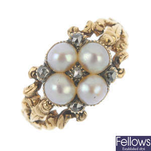 A late 19th century 18ct gold split pearl and diamond memorial ring.