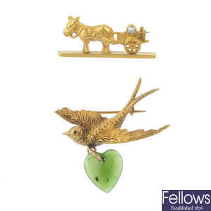 Two early 20th century gold gem-set brooches.
