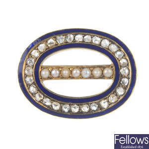 A late 19th century gold, split pearl, diamond and enamel buckle brooch.