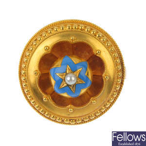 A late 19th century 18ct gold split pearl and enamel target brooch.