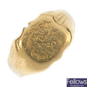 A late 19th century 18ct gold signet ring.