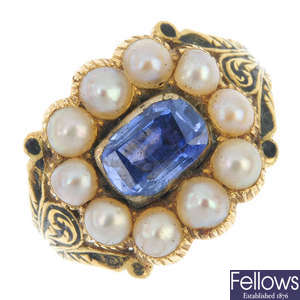 A George IV 18ct gold sapphire, split pearl and enamel ring.